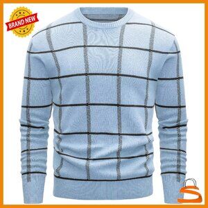 Men's Cotton Crewneck Sweater Plaid Pullover Lightweight Warm Casual